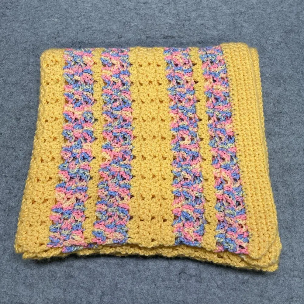 Vtg Handcrafted Crochet Throw Blanket Yellow Multi Stripe 66x30 Baby Lap Granny